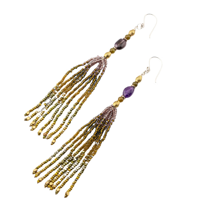 Eight Strand Amethyst and Jade Fringe Beaded Earrings