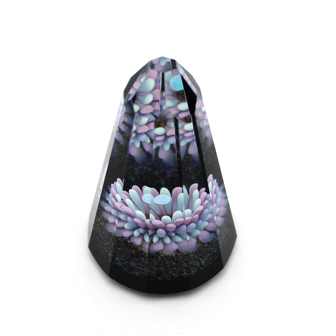 Opal Eater Implosion Paperweight, faceted glass tower