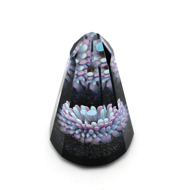 Opal Eater Implosion Paperweight, faceted glass tower