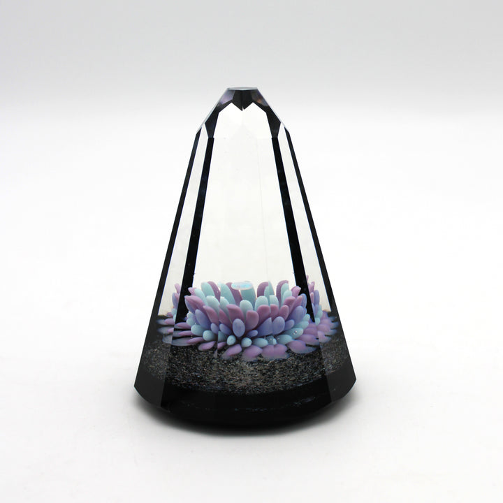 Opal Eater Implosion Paperweight, faceted glass tower