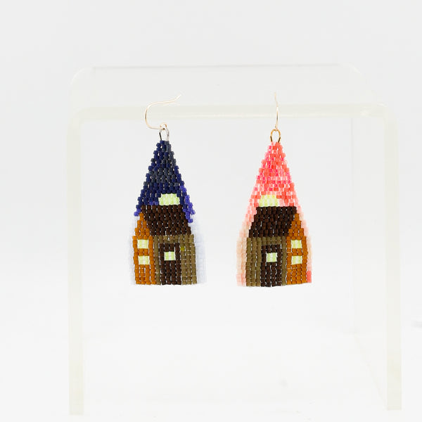 Pre-order Earrings, Beaded Houses, Night & Day Time Asymmetric