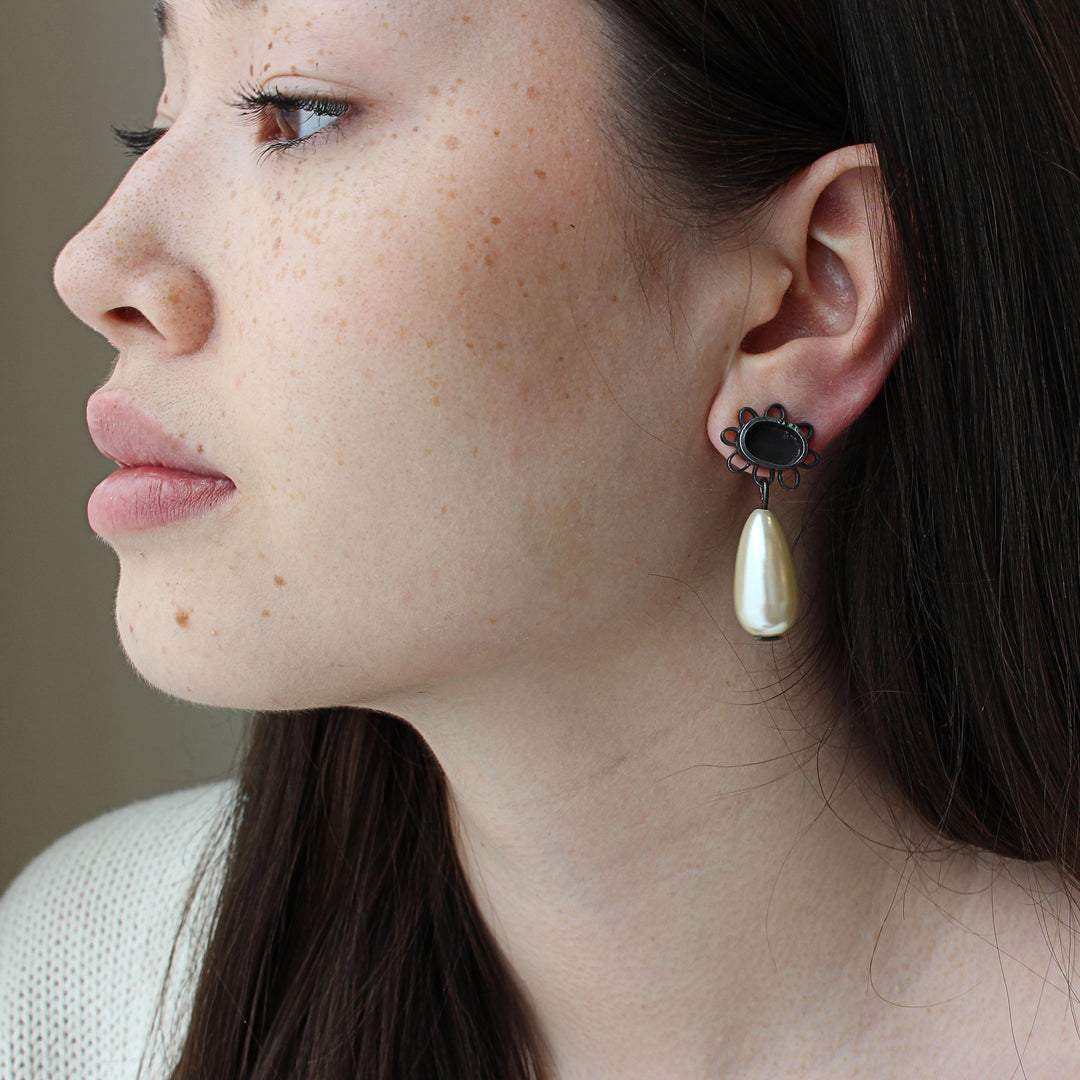 Stud, Flower Shape with Faux Pearl Drop