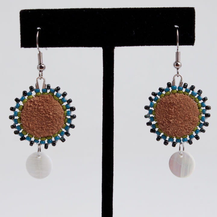 Leather Circle & Shell Earrings