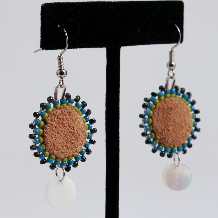 Leather Circle & Shell Earrings