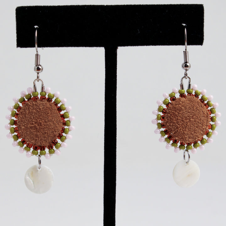 Leather Circle & Shell Earrings