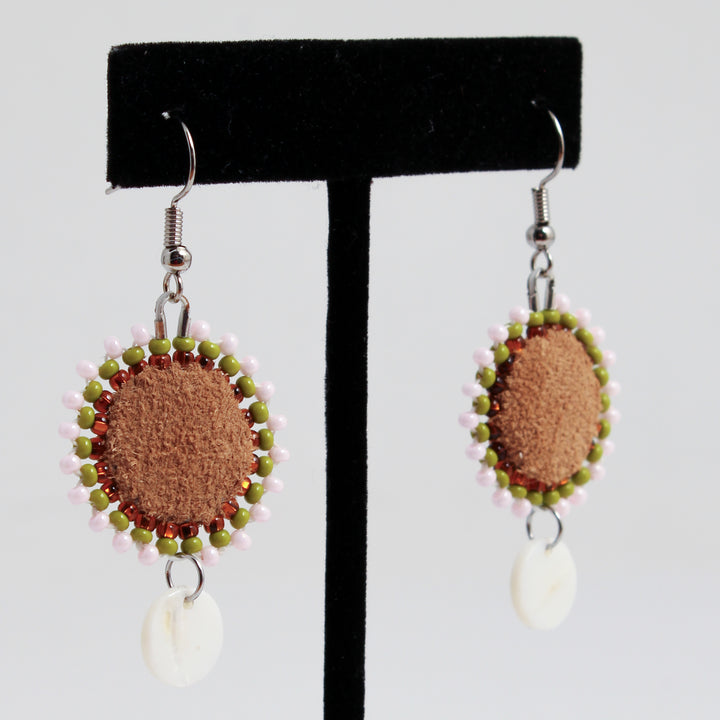 Leather Circle & Shell Earrings