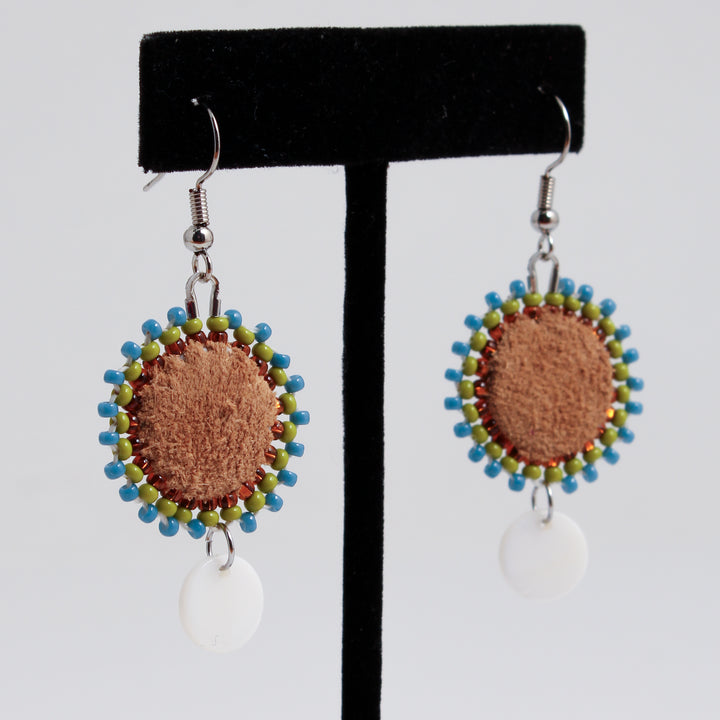 Leather Circle & Shell Earrings