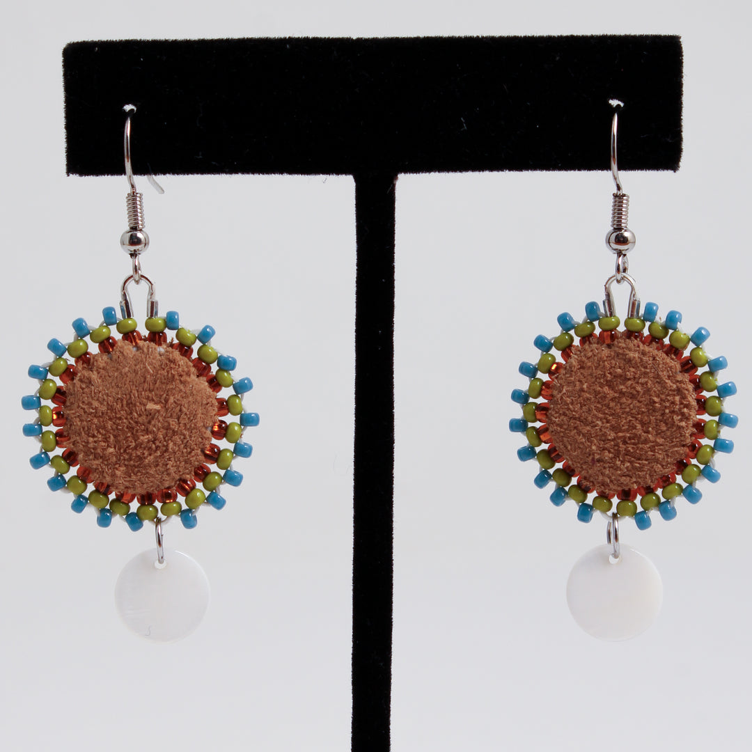 Leather Circle & Shell Earrings