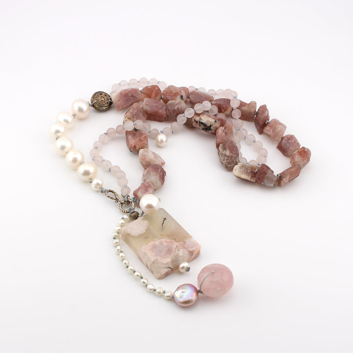 Necklace, StrwbryRoseQuartzPearl