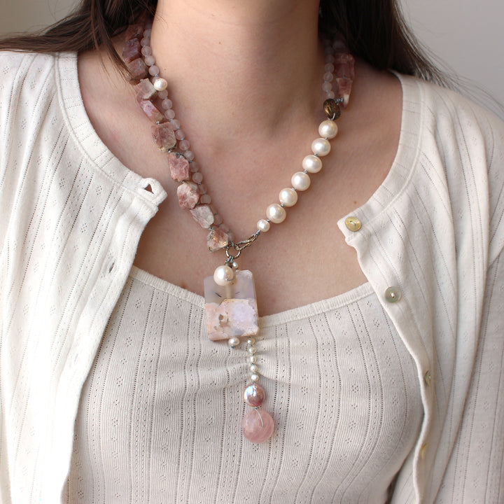 Necklace, StrwbryRoseQuartzPearl