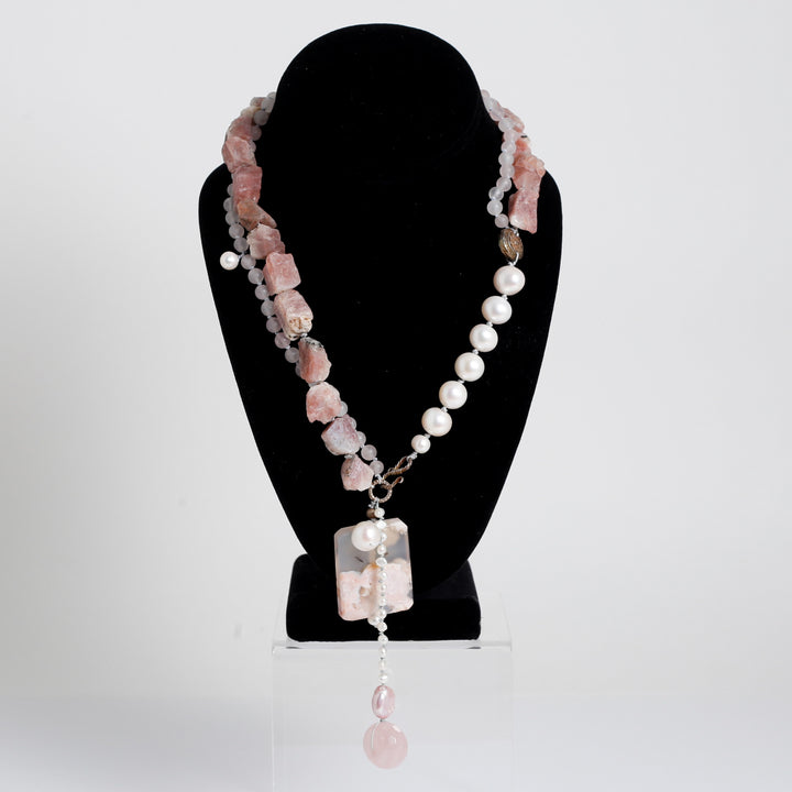 Necklace, StrwbryRoseQuartzPearl