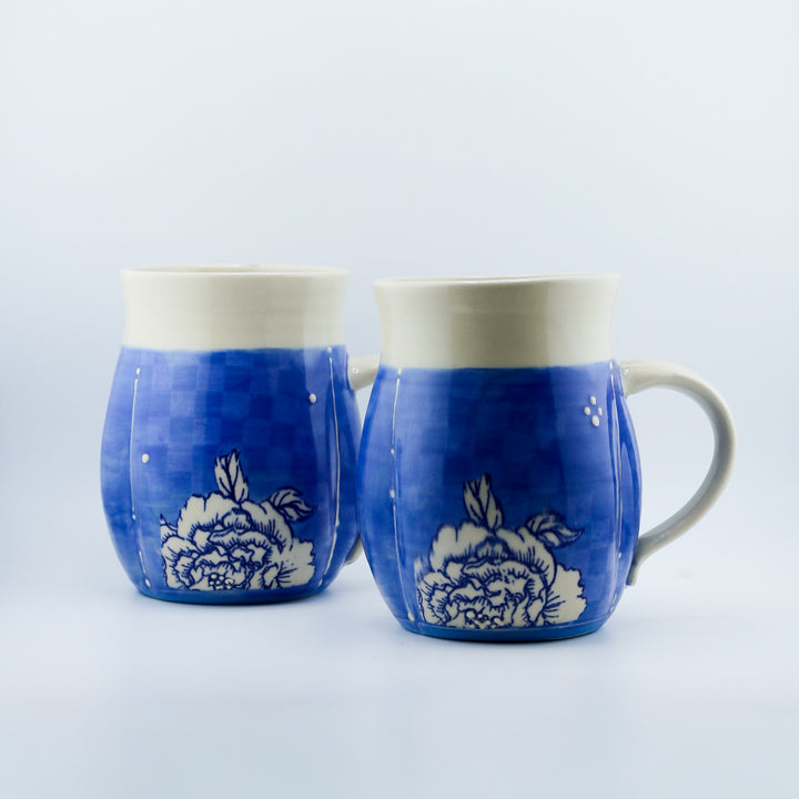 Mug - Indented Blue Peonies With White Checkerboard
