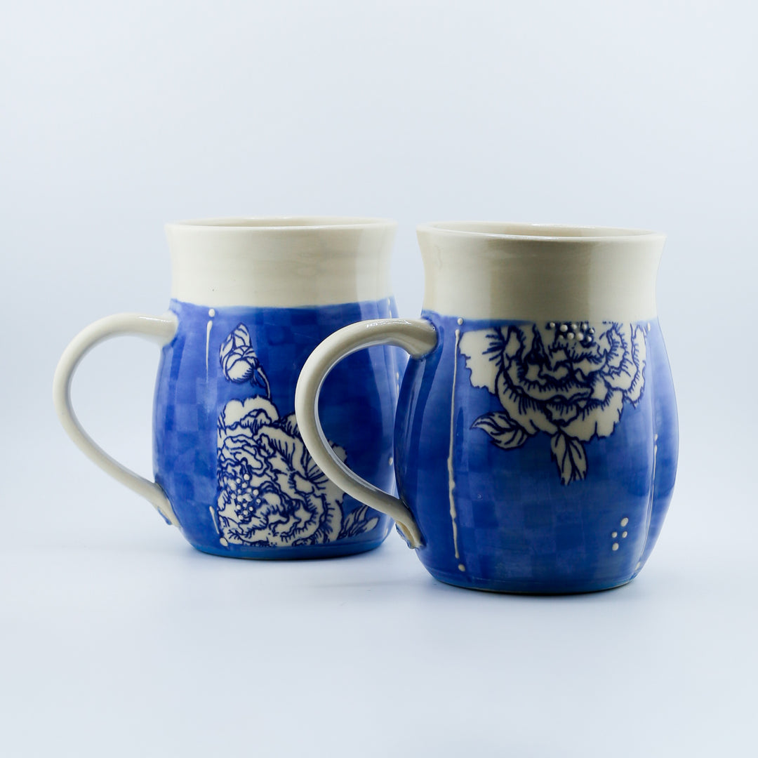 Mug - Indented Blue Peonies With White Checkerboard