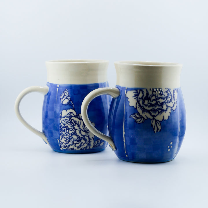 Mug - Indented Blue Peonies With White Checkerboard