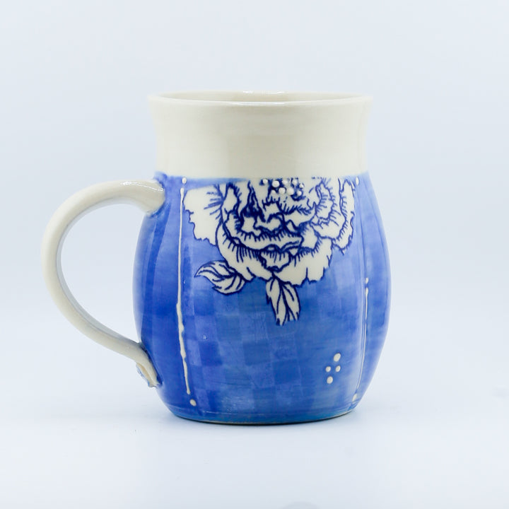Mug - Indented Blue Peonies With White Checkerboard