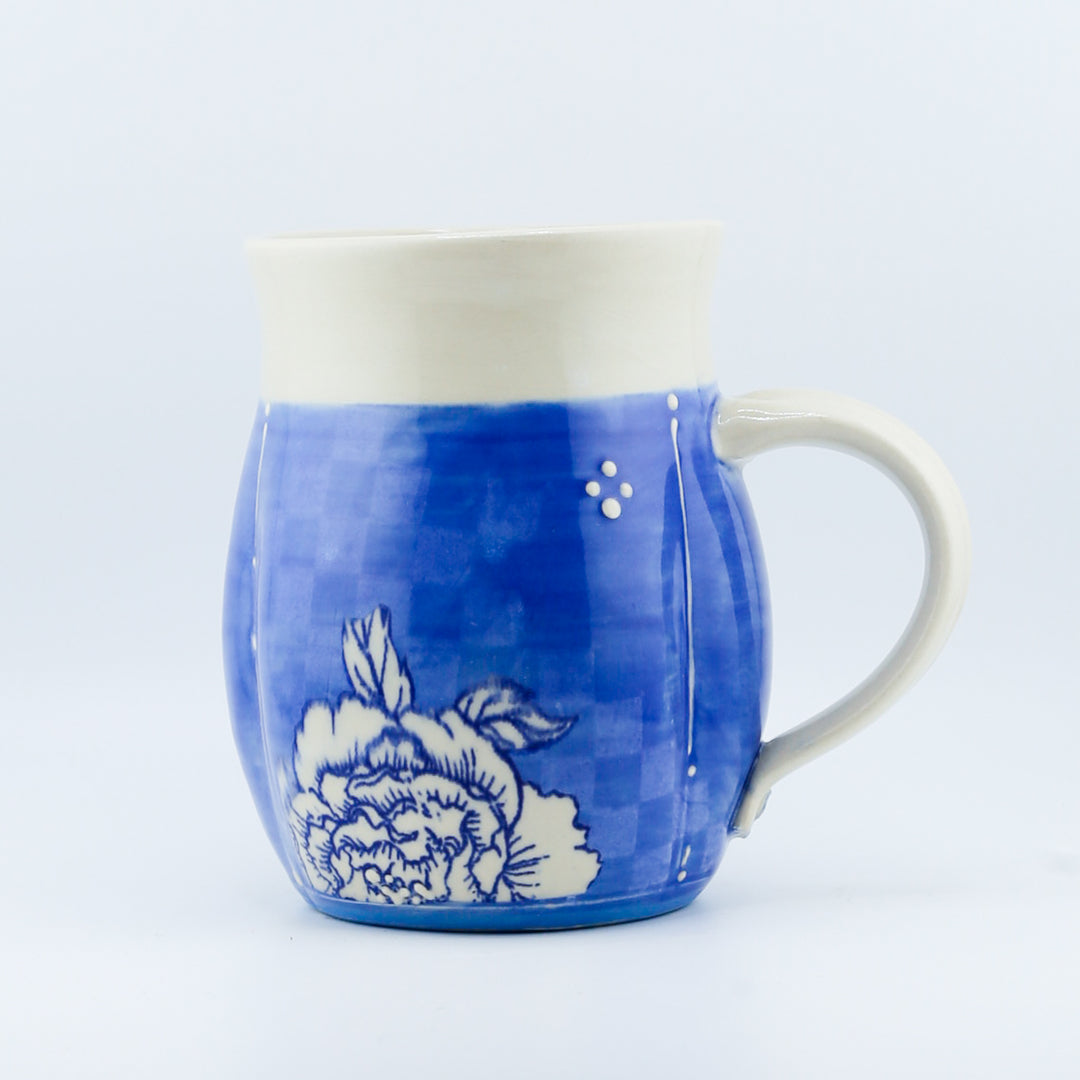 Mug - Indented Blue Peonies With White Checkerboard
