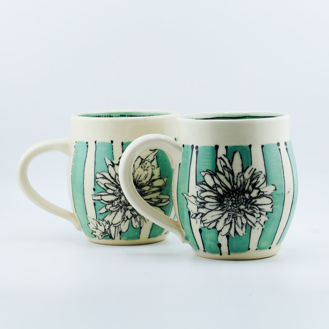 Mug - Short Green With Stripes And Daisies