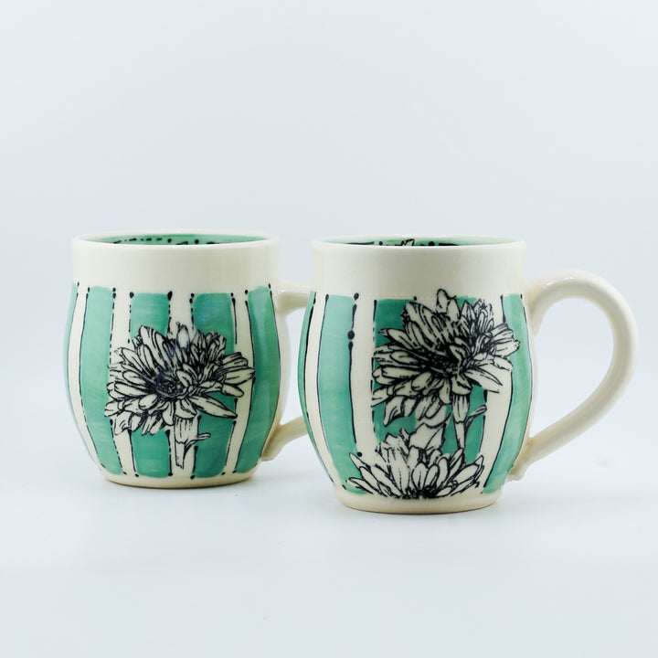 Mug - Short Green With Stripes And Daisies