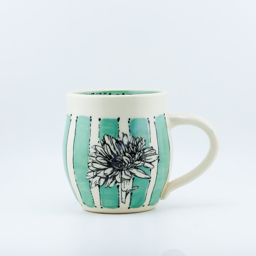 Mug - Short Green With Stripes And Daisies