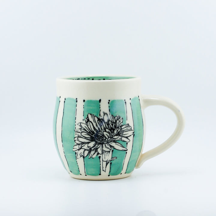 Mug - Short Green With Stripes And Daisies