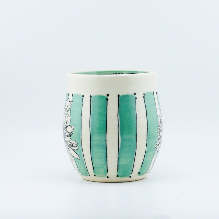 Mug - Short Green With Stripes And Daisies