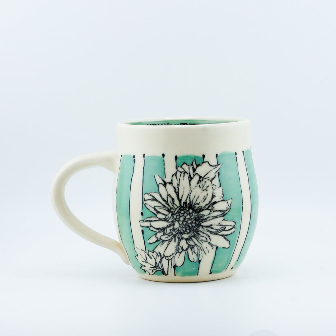 Mug - Short Green With Stripes And Daisies
