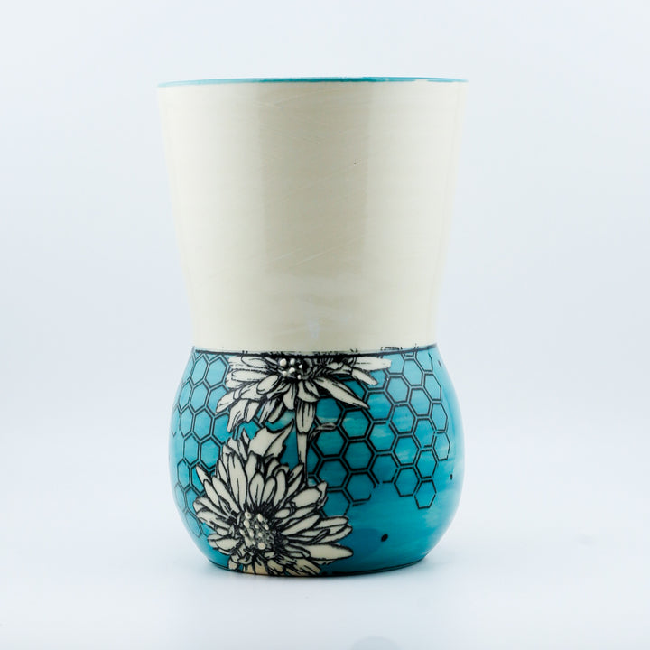 Vase - Teal With Daisies And Honeycomb
