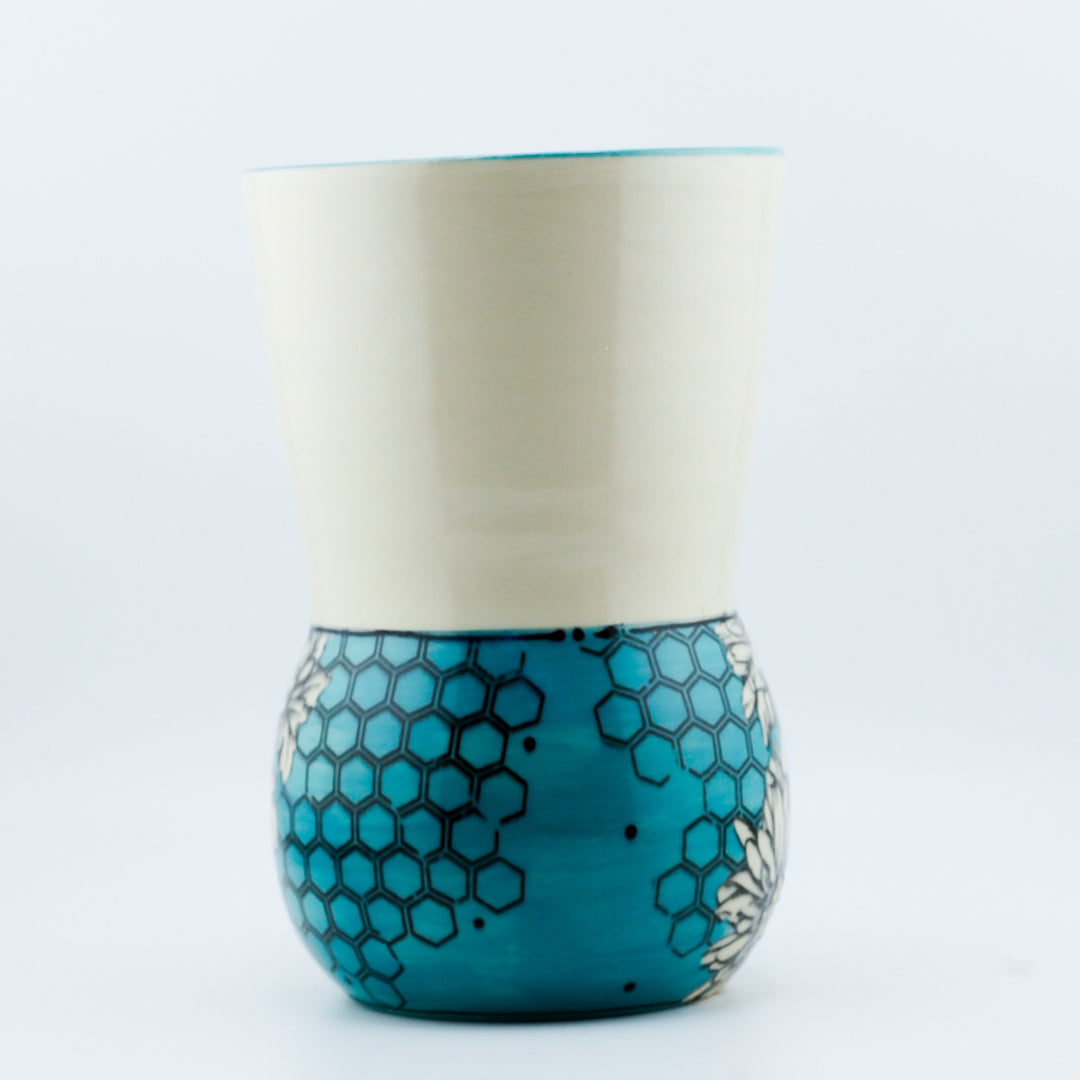 Vase - Teal With Daisies And Honeycomb
