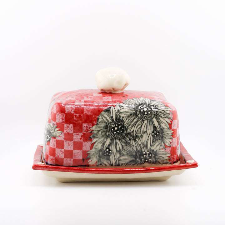 1 Pound Butter Dish, Red With Sunflowers & Checkers