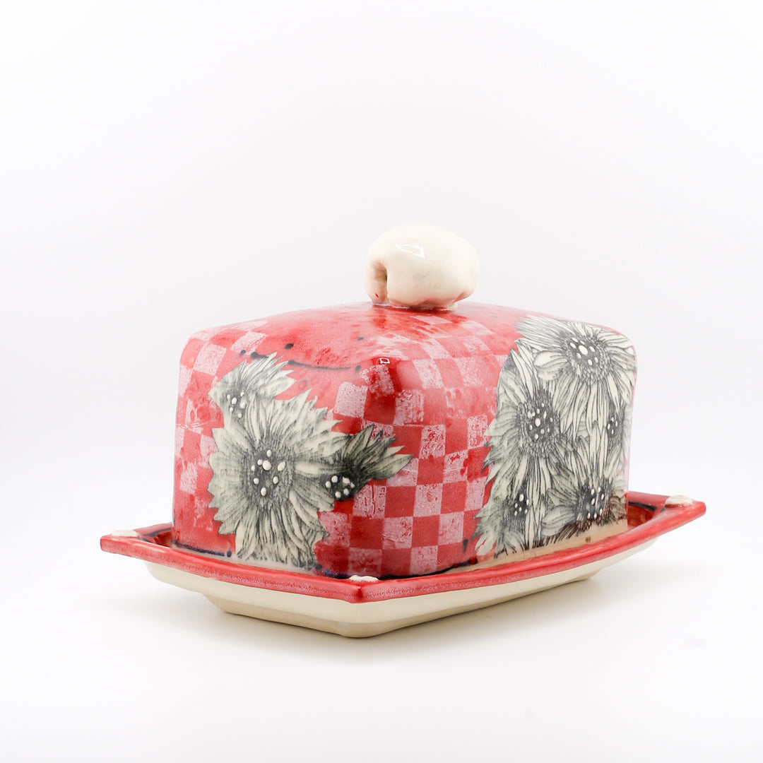 1 Pound Butter Dish, Red With Sunflowers & Checkers