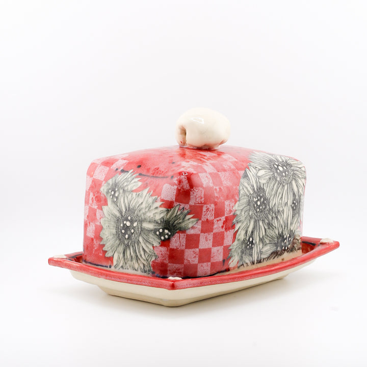 1 Pound Butter Dish, Red With Sunflowers & Checkers