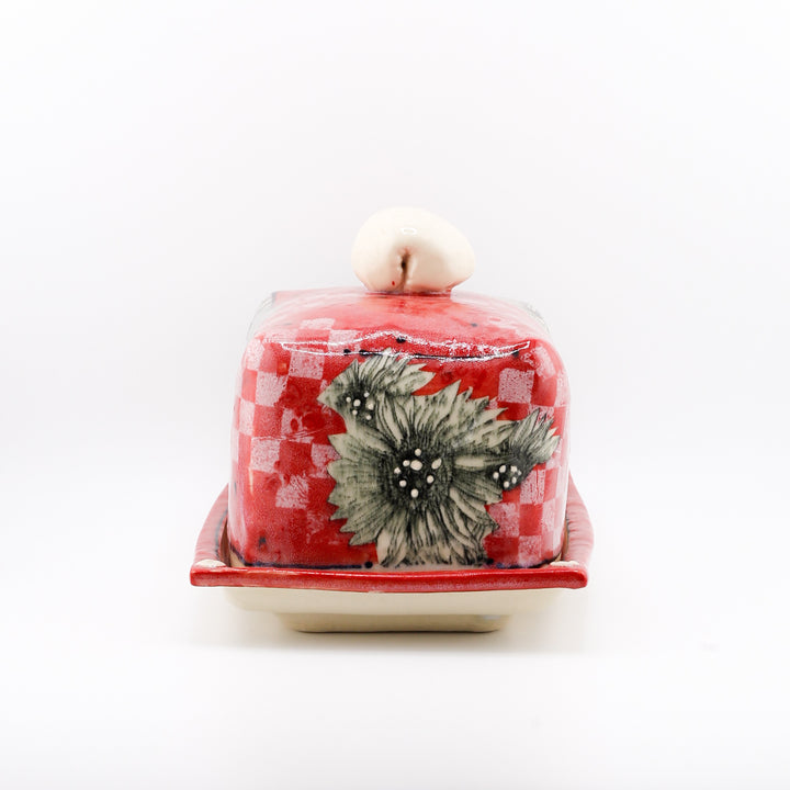 1 Pound Butter Dish, Red With Sunflowers & Checkers