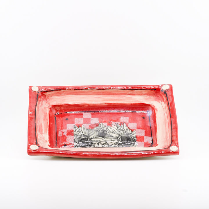 1 Pound Butter Dish, Red With Sunflowers & Checkers
