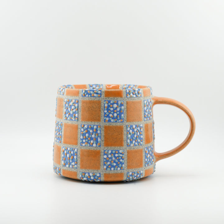 Mug, Grid, Blue Dot and Orange Glaze