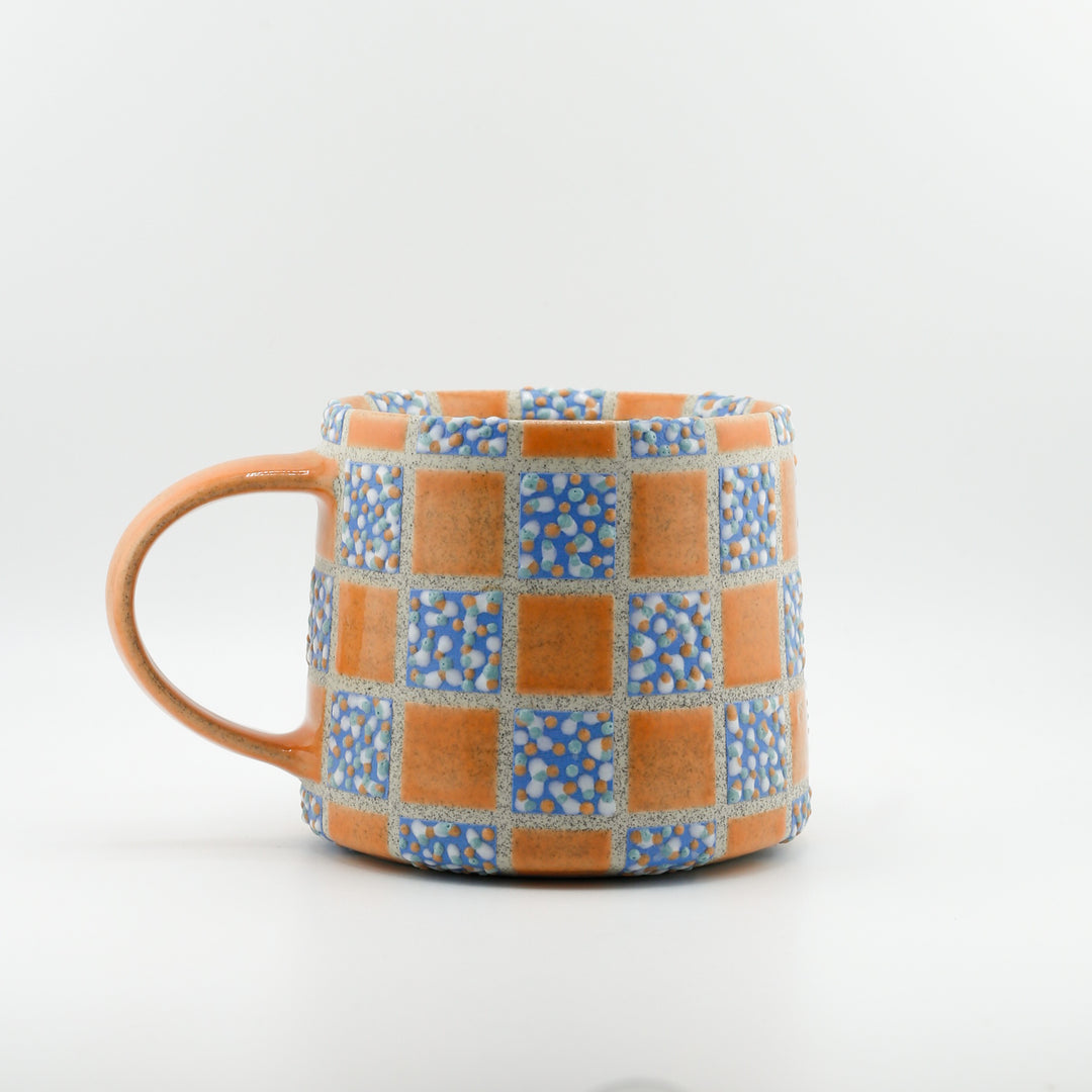 Mug, Grid, Blue Dot and Orange Glaze