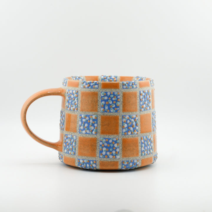 Mug, Grid, Blue Dot and Orange Glaze