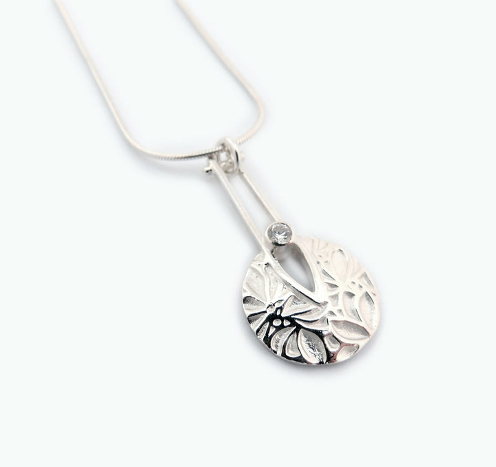 Flower Texture Circle Drop CZ, Necklace