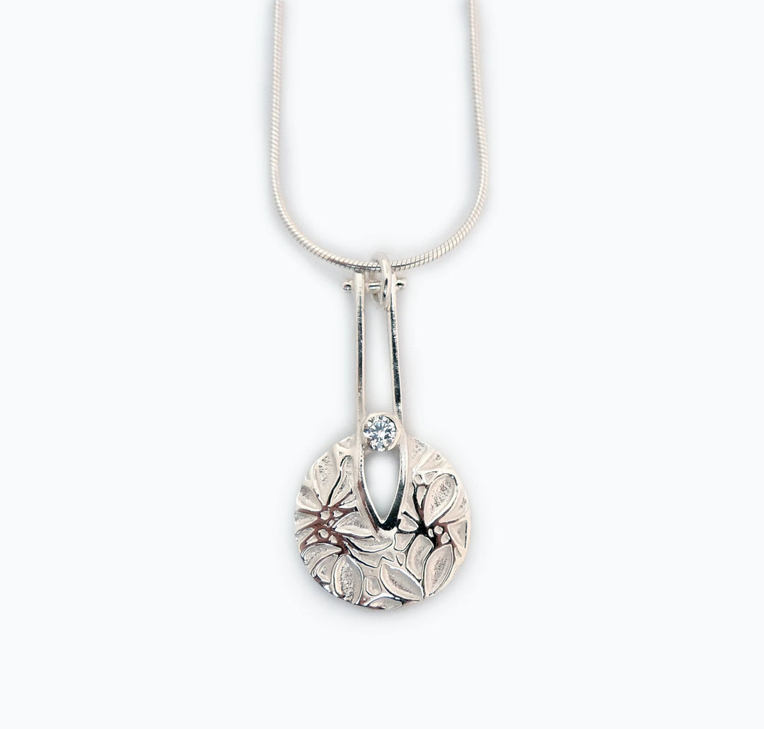Flower Texture Circle Drop CZ, Necklace