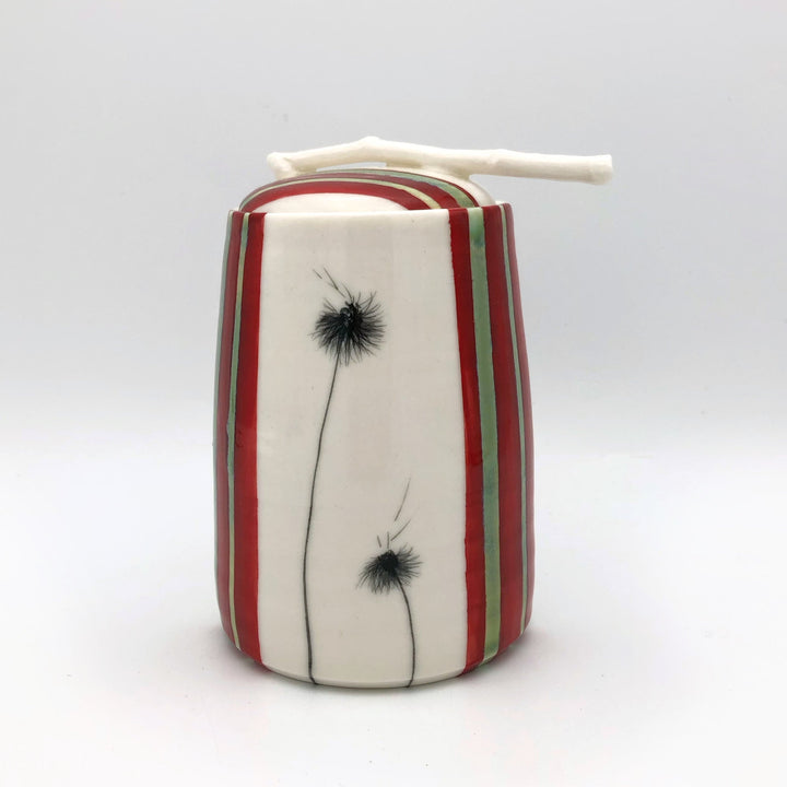 Red Lidded Jar with Dandelion Puffs