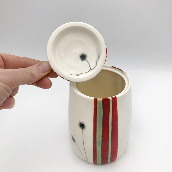 Red Lidded Jar with Dandelion Puffs