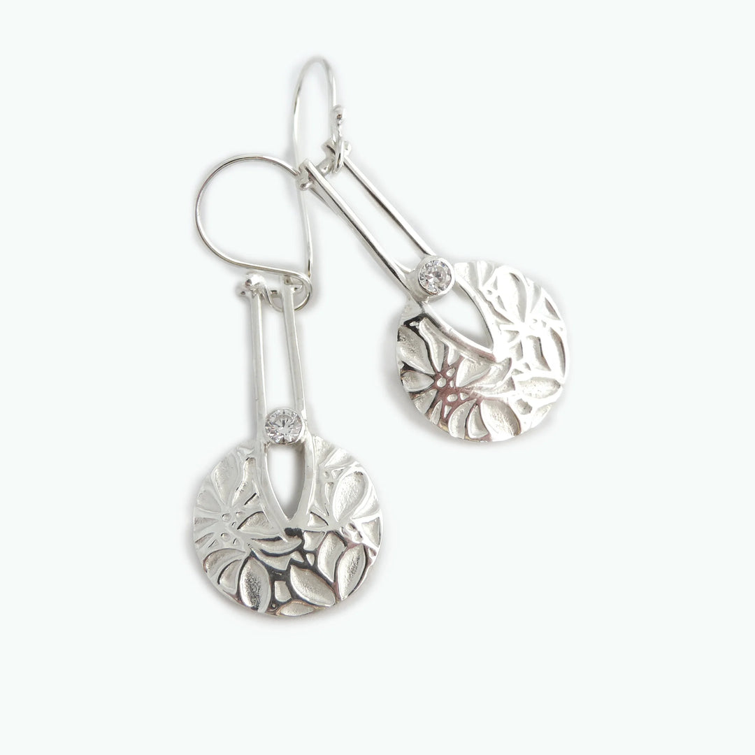 Flower Texture Circle Drop CZ, Earring