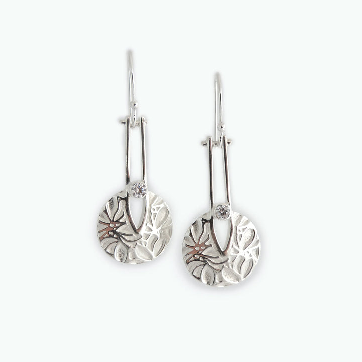Flower Texture Circle Drop CZ, Earring